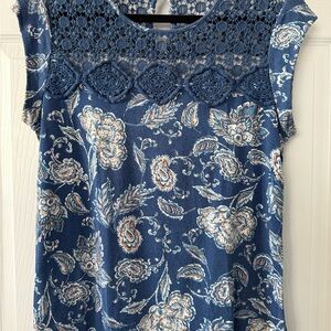 Daniel Rainn Navy Floral Crochet Blouse